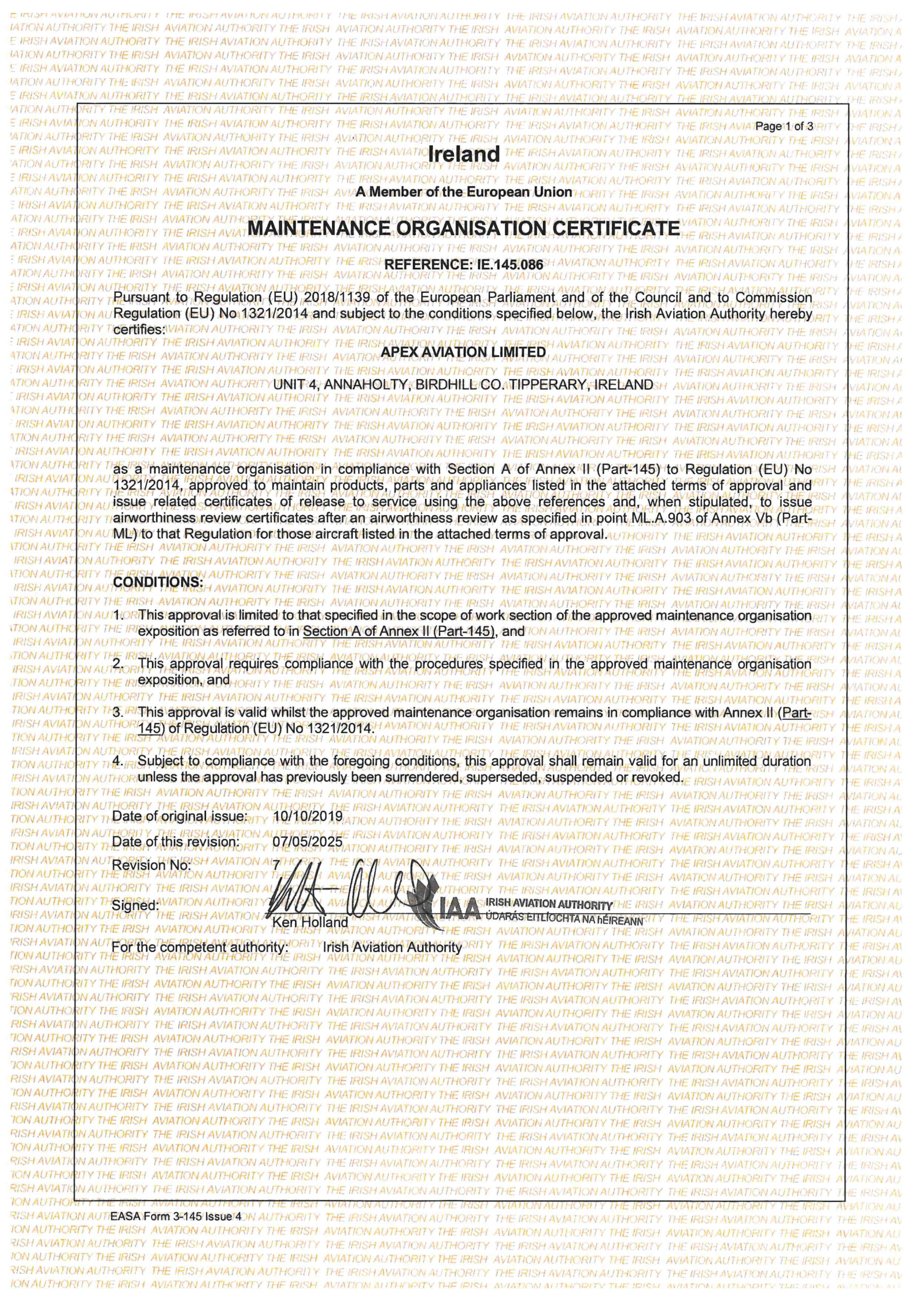Apex Aviation Ltd IE.145.086 EASA Form 3 Dated 07-May-2025 Rev No 7-1 -1