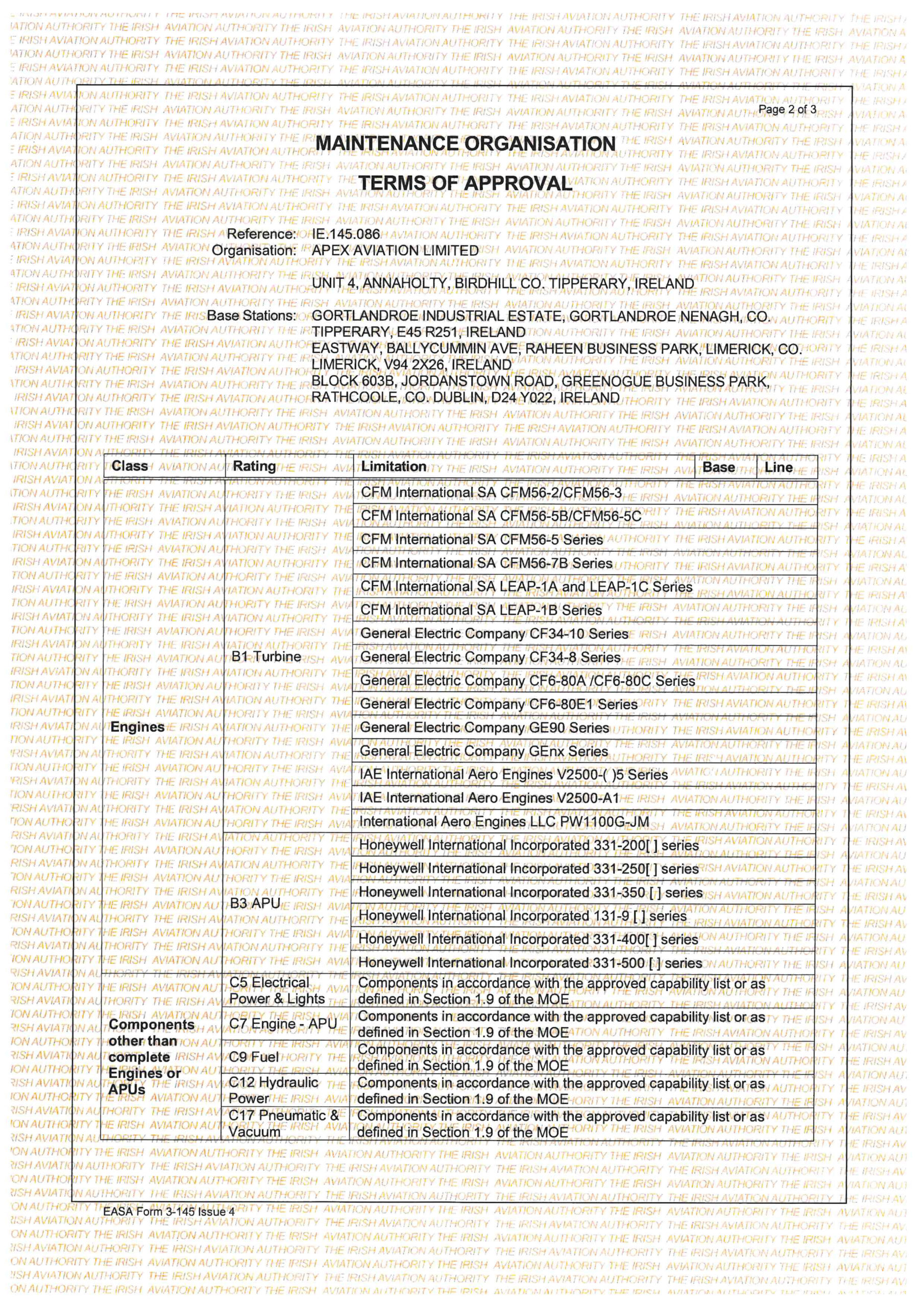 Apex Aviation Ltd IE.145.086 EASA Form 3 Dated 07-May-2025 Rev No 7-2