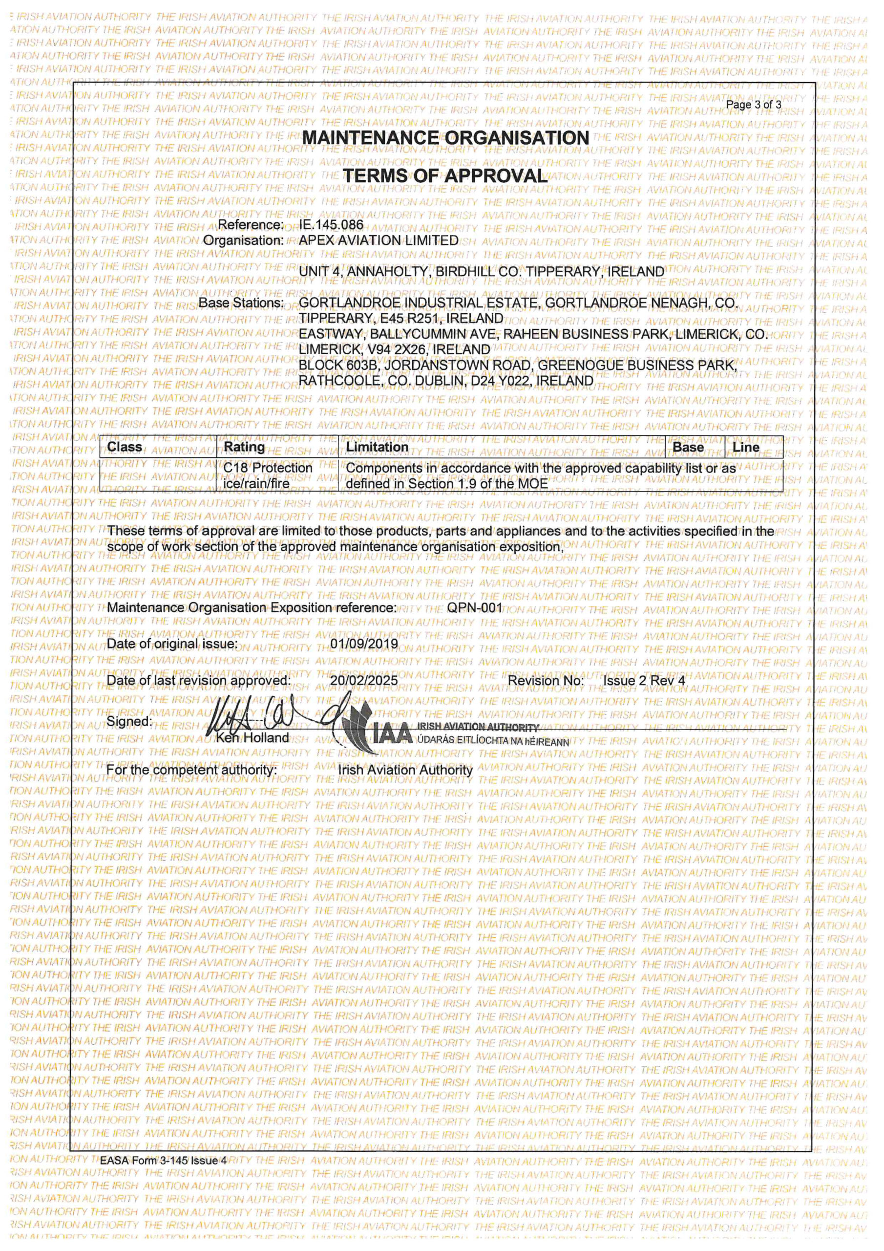 Apex Aviation Ltd IE.145.086 EASA Form 3 Dated 07-May-2025 Rev No 7-3